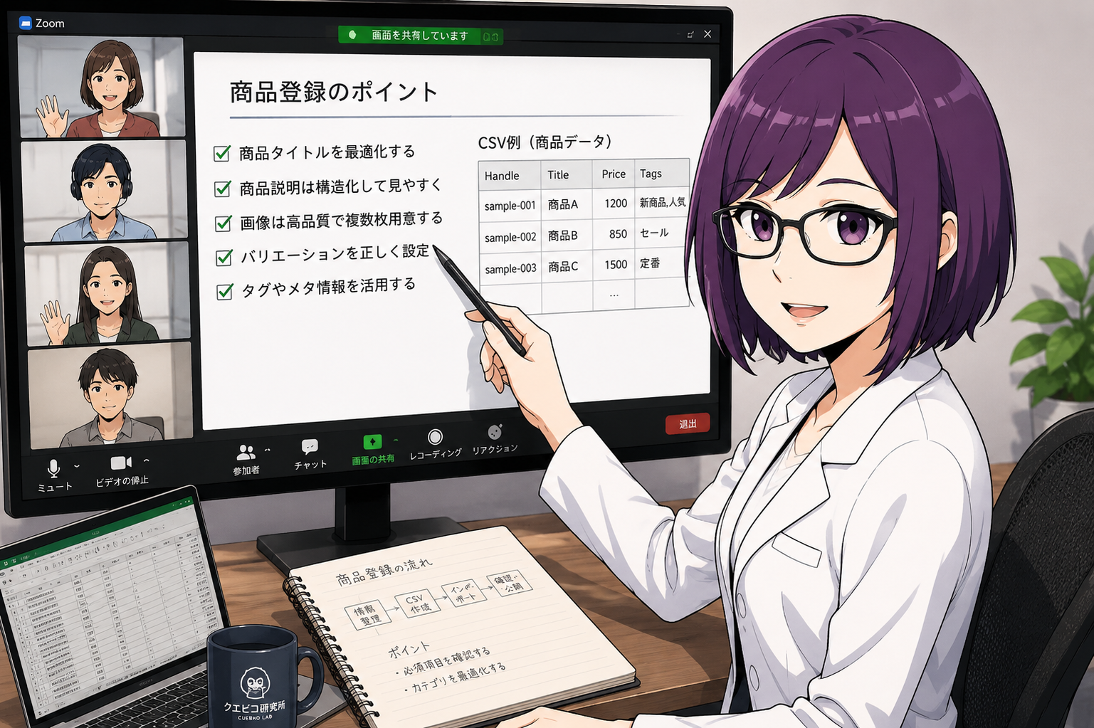 紫髪・眼鏡の女性キャラクター